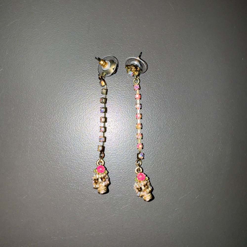 Vintage Betsey Johnson Gold and Pink Skull With Bows Dangle Earrings